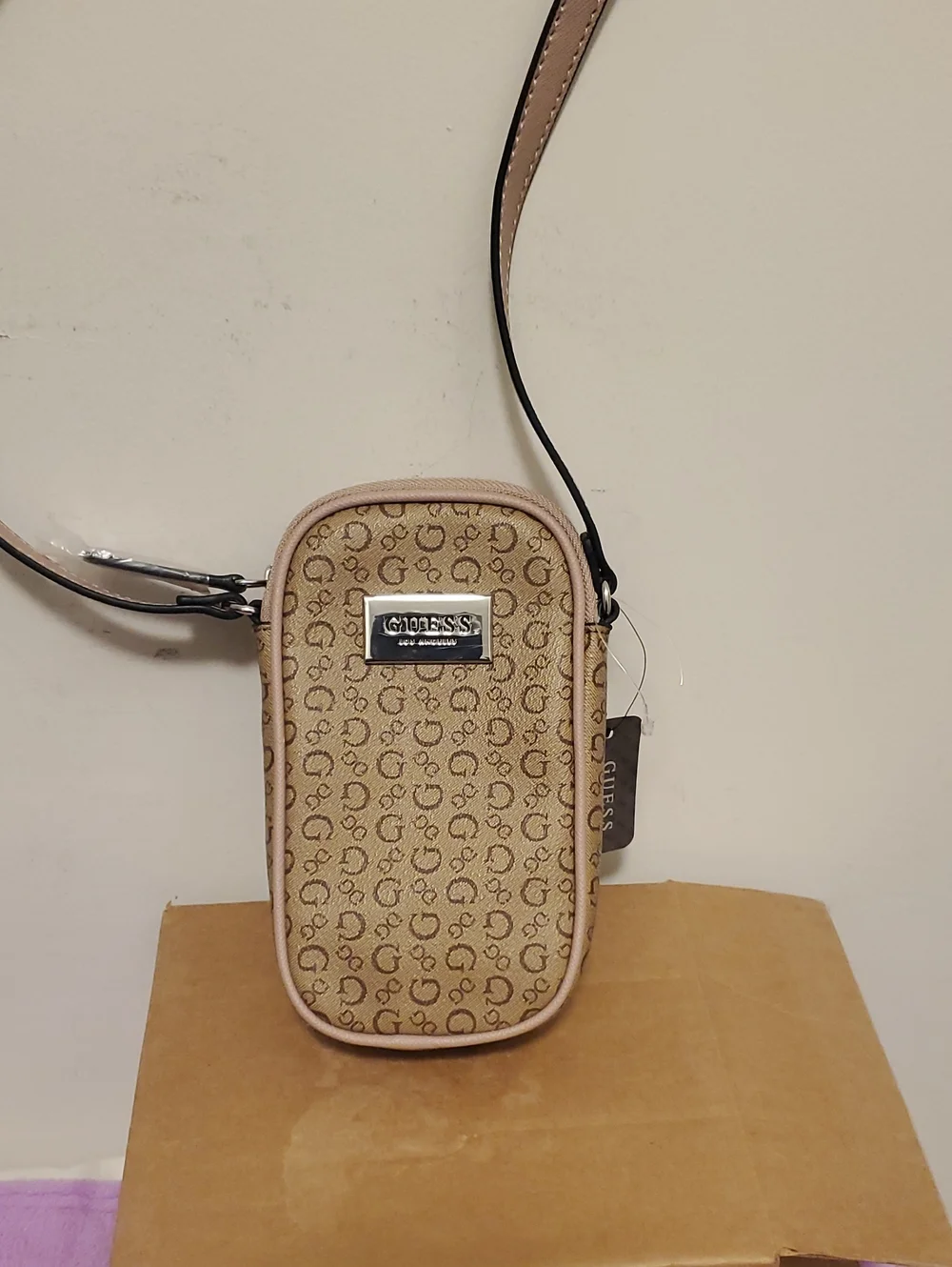 GUESS Beige Monogram Phone Crossbody with Pale Nude Trim